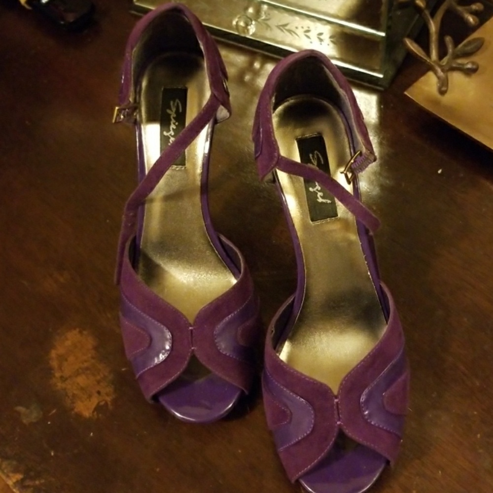 Purple ankle strap peep toe heels
